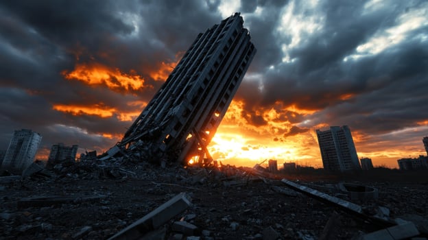 A building is destroyed by a sunset photo