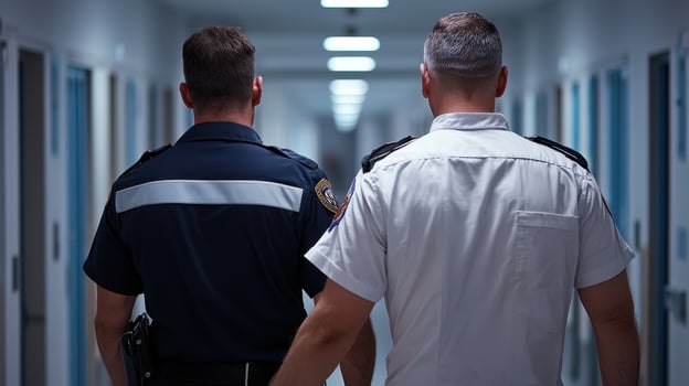 Two police officers walking down a hallway photo