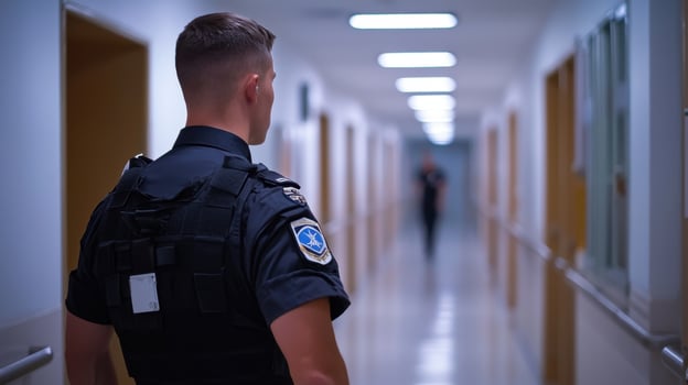 A police officer walking down a hallway photo