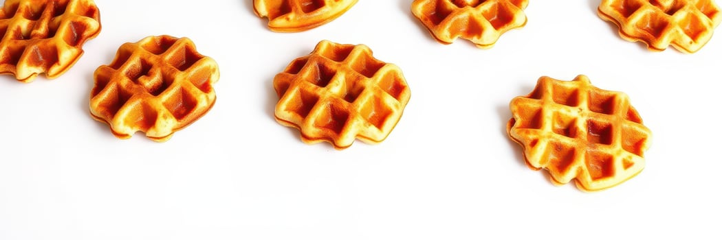 Delicious golden waffles arranged neatly on a white surface for a tempting breakfast photo