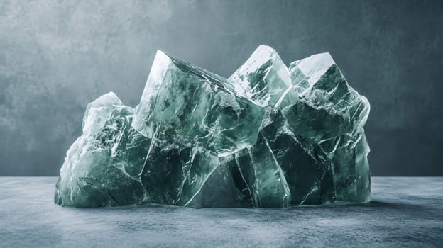 Large green rock with a blue tint. The rock is made of ice and is sitting on a grey surface photo
