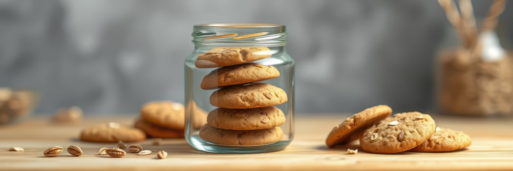 Cookies placed in a glass jar with more cookies on a wooden table in a cozy setting photo