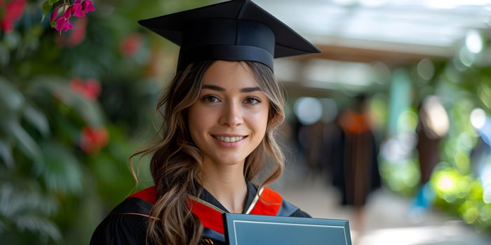 Cheerful young woman graduate portrait in mortarboard and bachelor gown, graduation ceremony concept. Congratulation the graduates in University, education background with copy space. photo