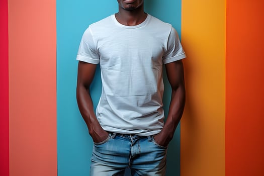Young man wearing bella canvas white shirt mockup, at colorful background. Design tshirt template, print presentation mock-up. photo