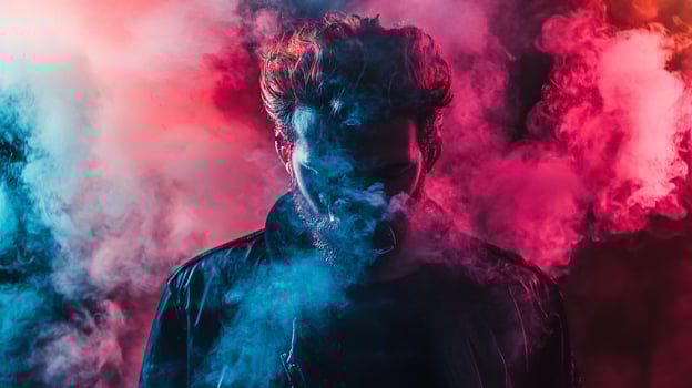 Man is smoking a cigarette in a room with a purple and blue smoke. The smoke is thick and the man is standing in the middle of it. Scene is dark and mysterious photo