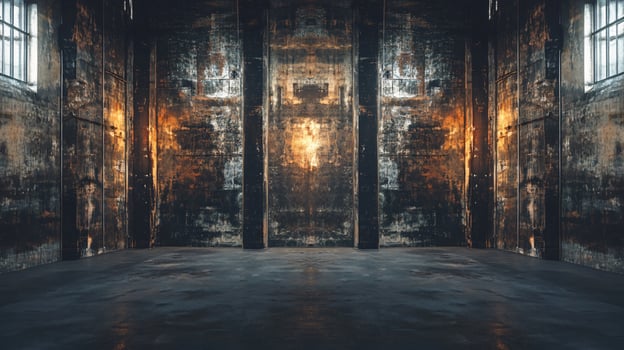 Large, empty room with a lot of light shining through the windows. The room is very dark and empty, with no furniture or people visible. Scene is eerie and unsettling, as the emptiness photo