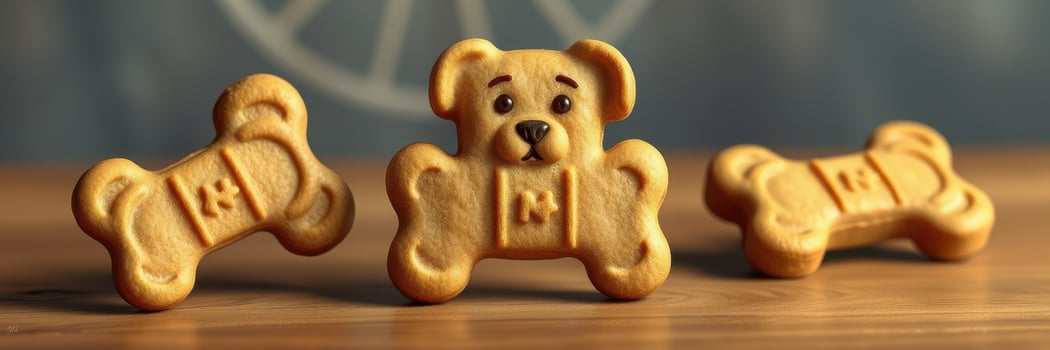 Cute dog-shaped biscuits arranged on a wooden table, perfect for pet lovers and dog owners photo