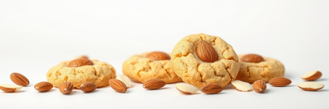 Delicious almond cookies arranged artfully with scattered almonds on a white background photo