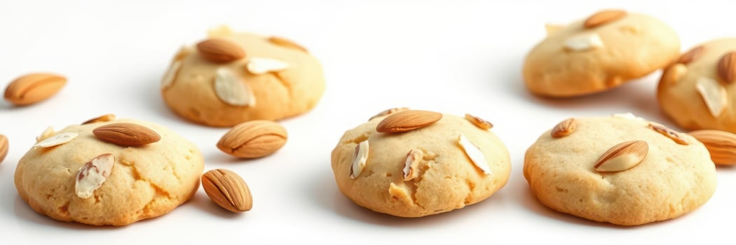 Delicious almond cookies arranged with whole almonds on a light background photo
