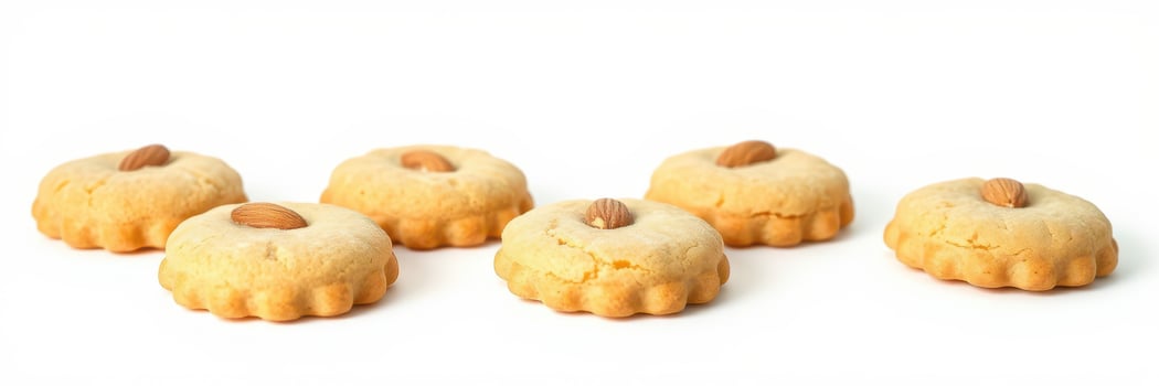 Delicious almond cookies arranged neatly on a white background showcasing their unique shape and texture photo