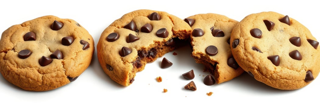 Chocolate chip cookies arranged appealingly on a clean surface with one broken cookie, showcasing gooey chocolate photo