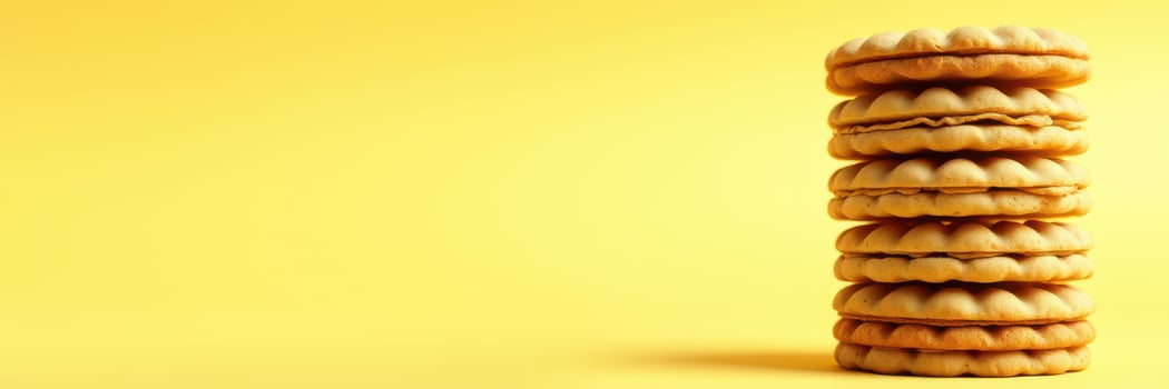 Delicious stack of golden cookies displayed against a bright yellow background, showcasing a simple and inviting treat perfect for any occasion photo