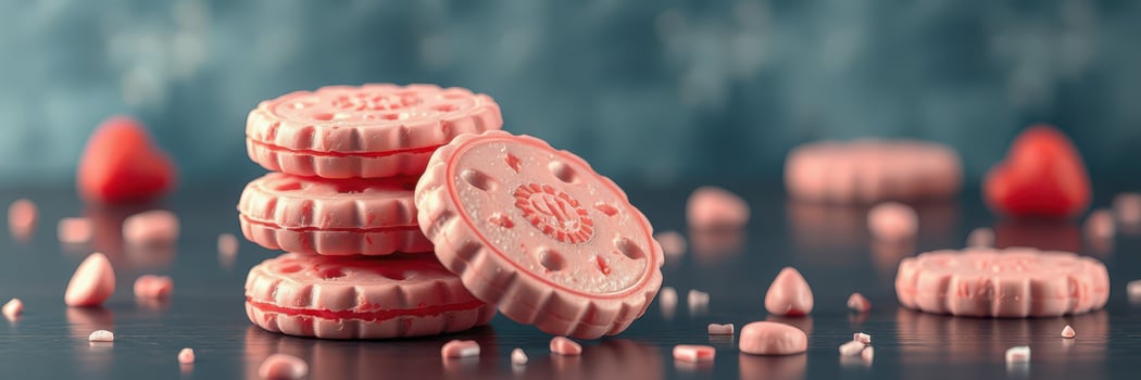 Colorful pink cookies stacked on a dark surface with scattered candy pieces and strawberry accents photo