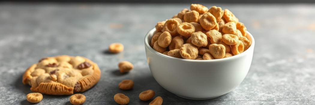 Crunchy cereal and cookie pair on a rustic table for a tasty snack time experience photo