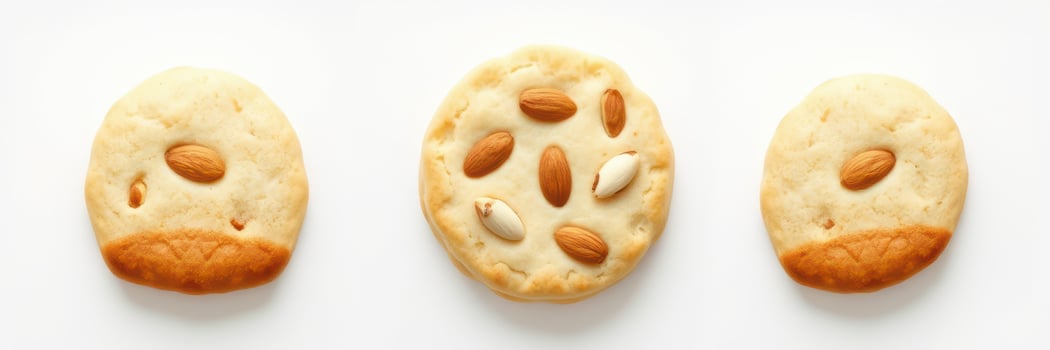 Delightful almond cookies on white background showcasing distinct shapes and textures for a sweet treat photo