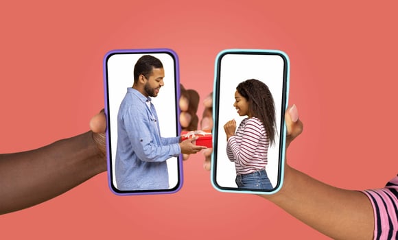 A couple exchanges heartfelt messages via their smartphones, showcasing love and connection. photo