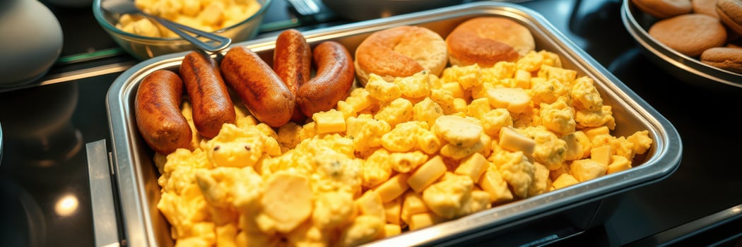 Delicious buffet spread featuring scrambled eggs, sausages, and pastries in a dining setting photo