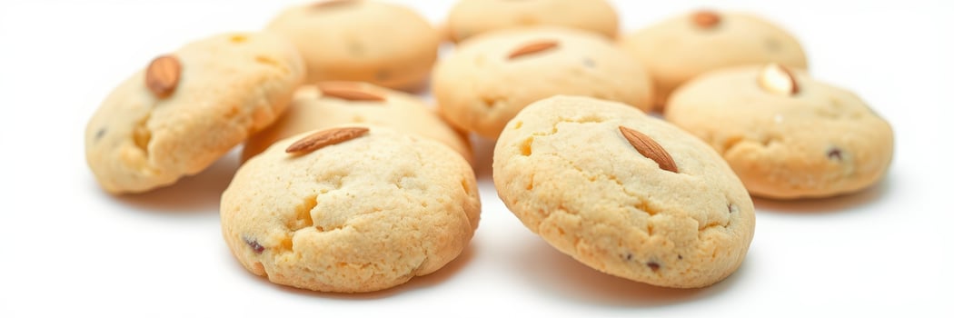 Freshly baked cookies with almonds arranged neatly on a white surface perfect for dessert lovers photo