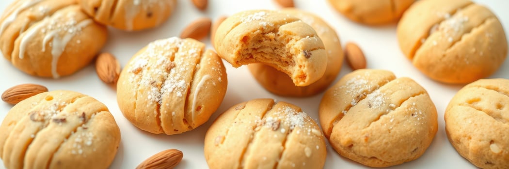 Delicious almond cookies arranged on a white surface highlighting their texture and sprinkled sugar photo