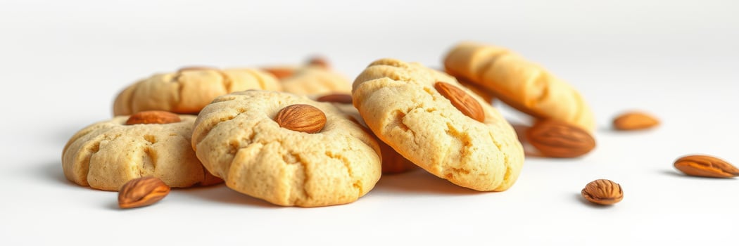 Freshly baked almond cookies on a light background with scattered almonds nearby photo