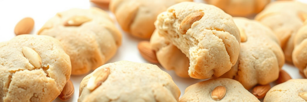 Freshly baked almond cookies arranged on a white surface with some broken pieces showcasing a light golden color and crunchy texture photo
