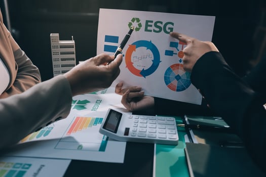 Carbon offset price report CO2 emission. Future growth Net zero waste in ESG ethical SME office protect climate change global warming social issues project. Group of asia people Eco friendly SDGs plan photo