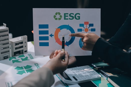 Carbon offset price report CO2 emission. Future growth Net zero waste in ESG ethical SME office protect climate change global warming social issues project. Group of asia people Eco friendly SDGs plan photo