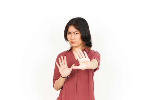 Stop Hand Rejection Gesture Of Beautiful Asian Woman Isolated On White Background photo