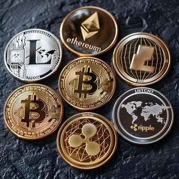a group of coins with one that says ripple on it photo