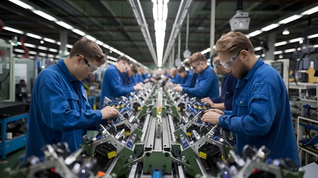 Workers in blue work clothes working on machines photo