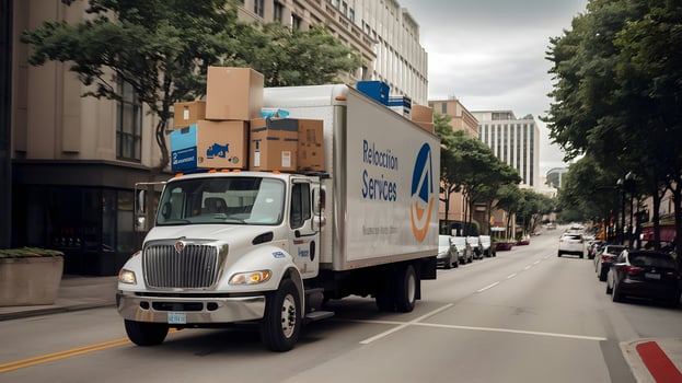 A large truck driving down a city street photo