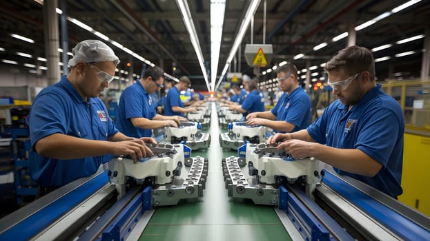 Workers at a factory working on machines photo