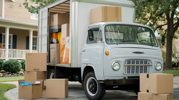 A moving truck is parked in front of a house photo