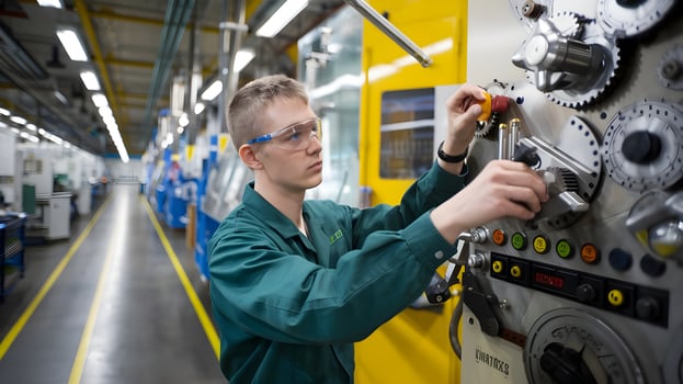 A man in a green shirt working on a machine photo