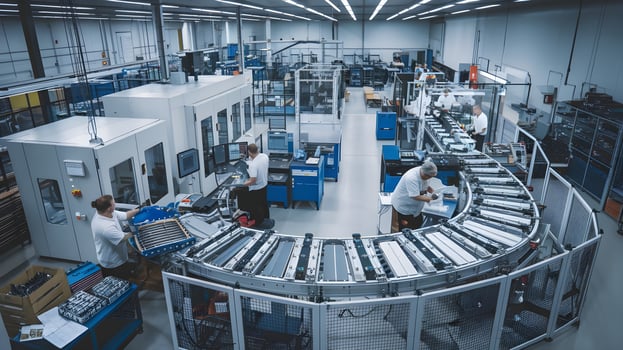 A factory with people working on machines photo