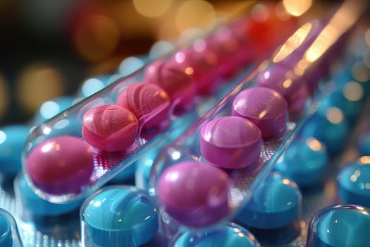 Close-up of Pink and Blue Pills in a Blister Pack photo