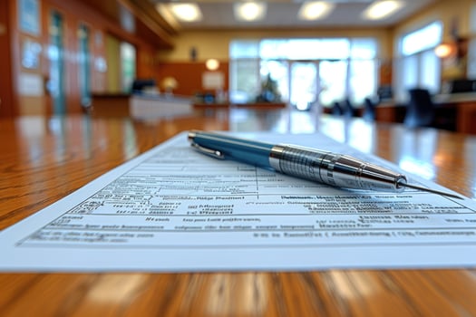 Pen and Paperwork on a Wooden Table photo