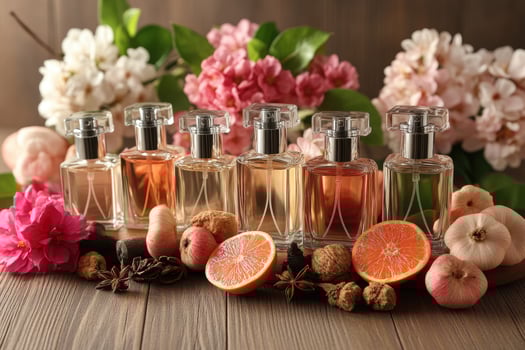 Six Perfume Bottles on Wooden Table with Flowers and Fruits photo