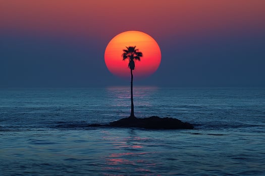Solitary Palm Tree Silhouette Against a Setting Sun Over the Ocean photo