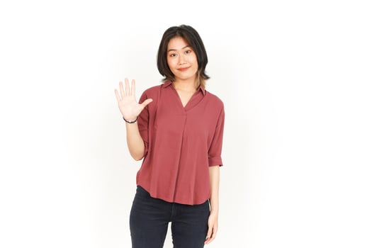 Hi Greeting or Waving at Camera Of Beautiful Asian Woman Isolated On White Background photo