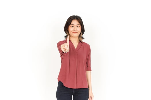 Showing One Finger Of Beautiful Asian Woman Isolated On White Background photo