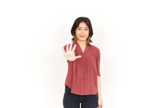 Showing Five Finger Of Beautiful Asian Woman Isolated On White Background photo
