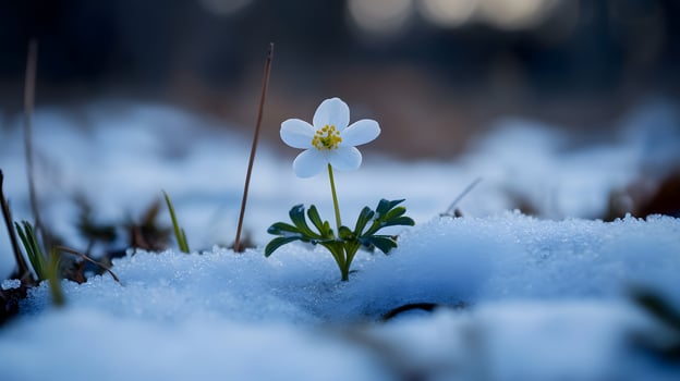 A small white flower is growing in the snow photo