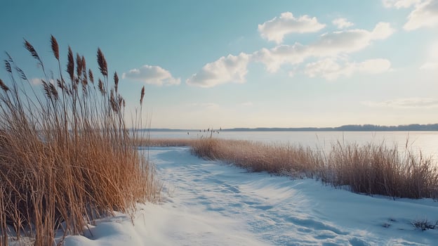A snowy path leads to a body of water with a few birds flying in the sky photo