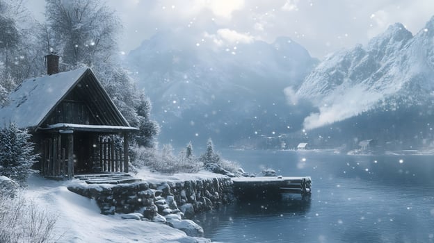 A cabin is surrounded by snow and a body of water photo