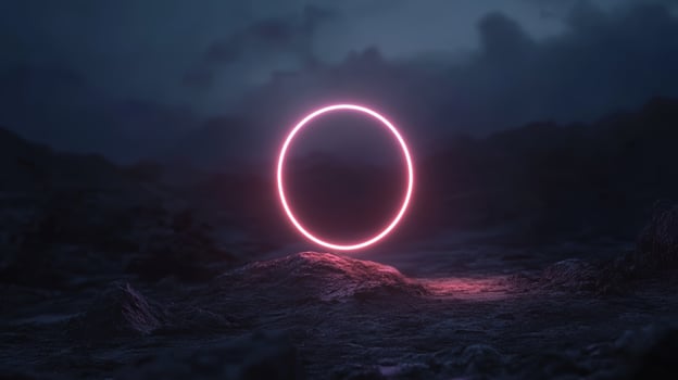 Ethereal glowing circle illuminates a rocky landscape under a twilight sky in a surreal setting photo