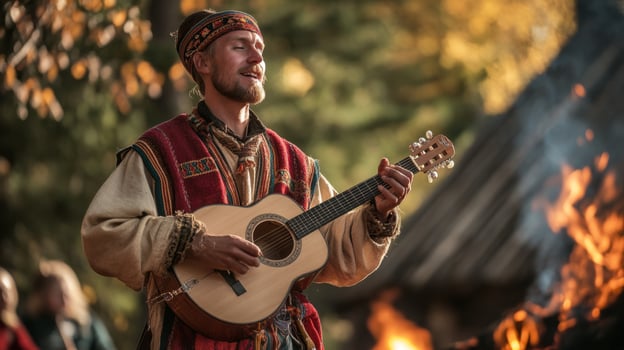 Folk Musician Playing Guitar by Campfire photo