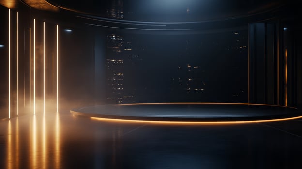 Modern stage design featuring dramatic lighting and empty performance area in a futuristic setting photo