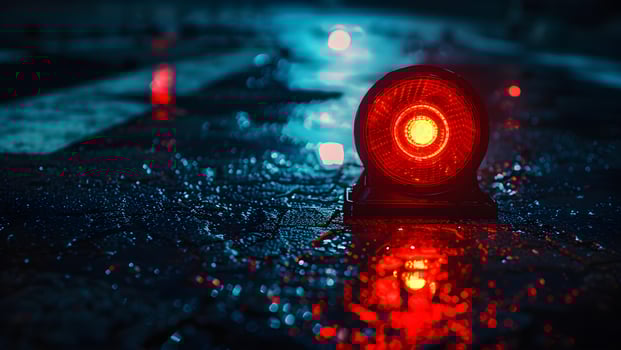A red traffic light on the wet road photo