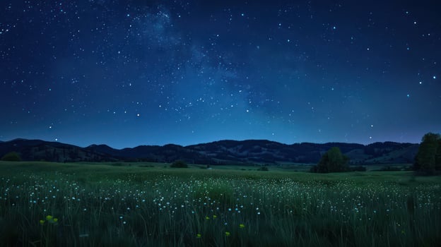 A serene night sky filled with stars over tranquil meadow photo